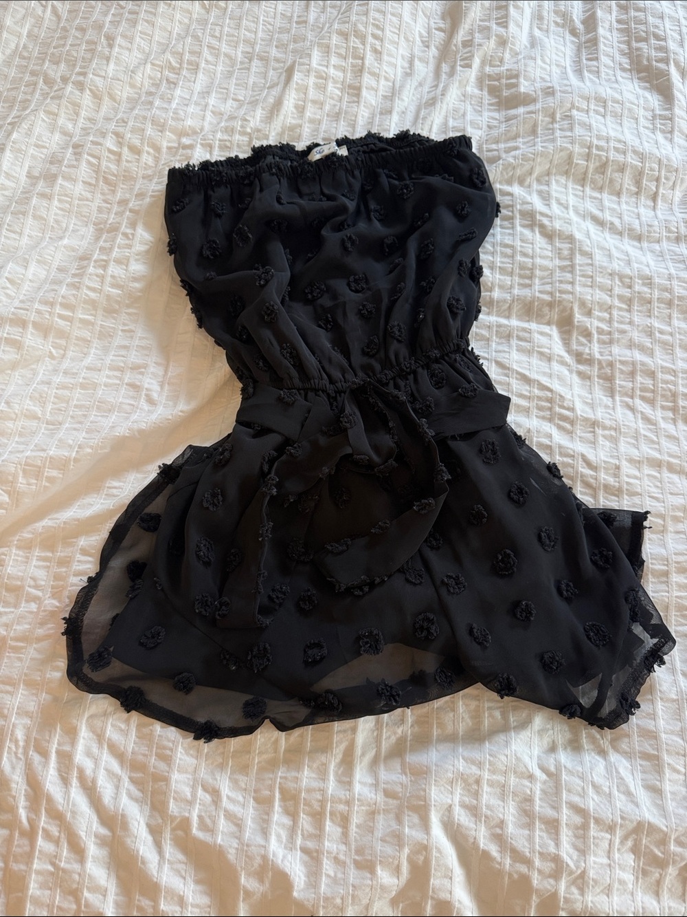 She and Sky Black Strapless Romper with Textured Floral Appliqué
